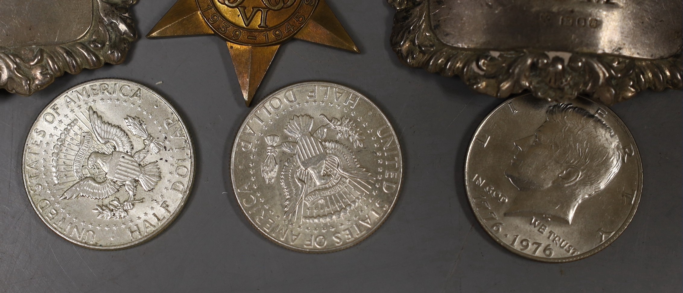 Two silver wine labels, medals, etc.